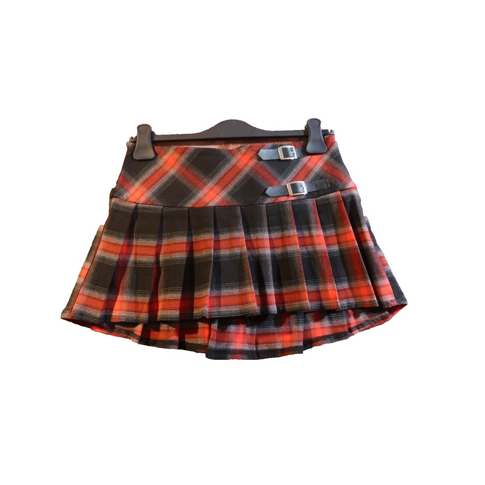 AKIRA Red Black Plaid Pleated Mini Skirt Size L Buckle Y2K Punk Schoolgirl